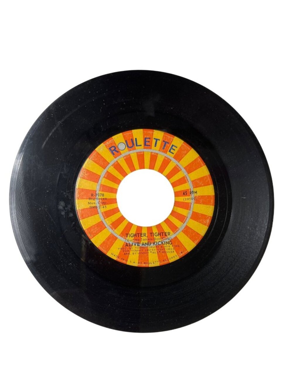 Alive & Kicking 45 RPM Vinyl Record Tighter Tighter / Sunday Morning Roulette